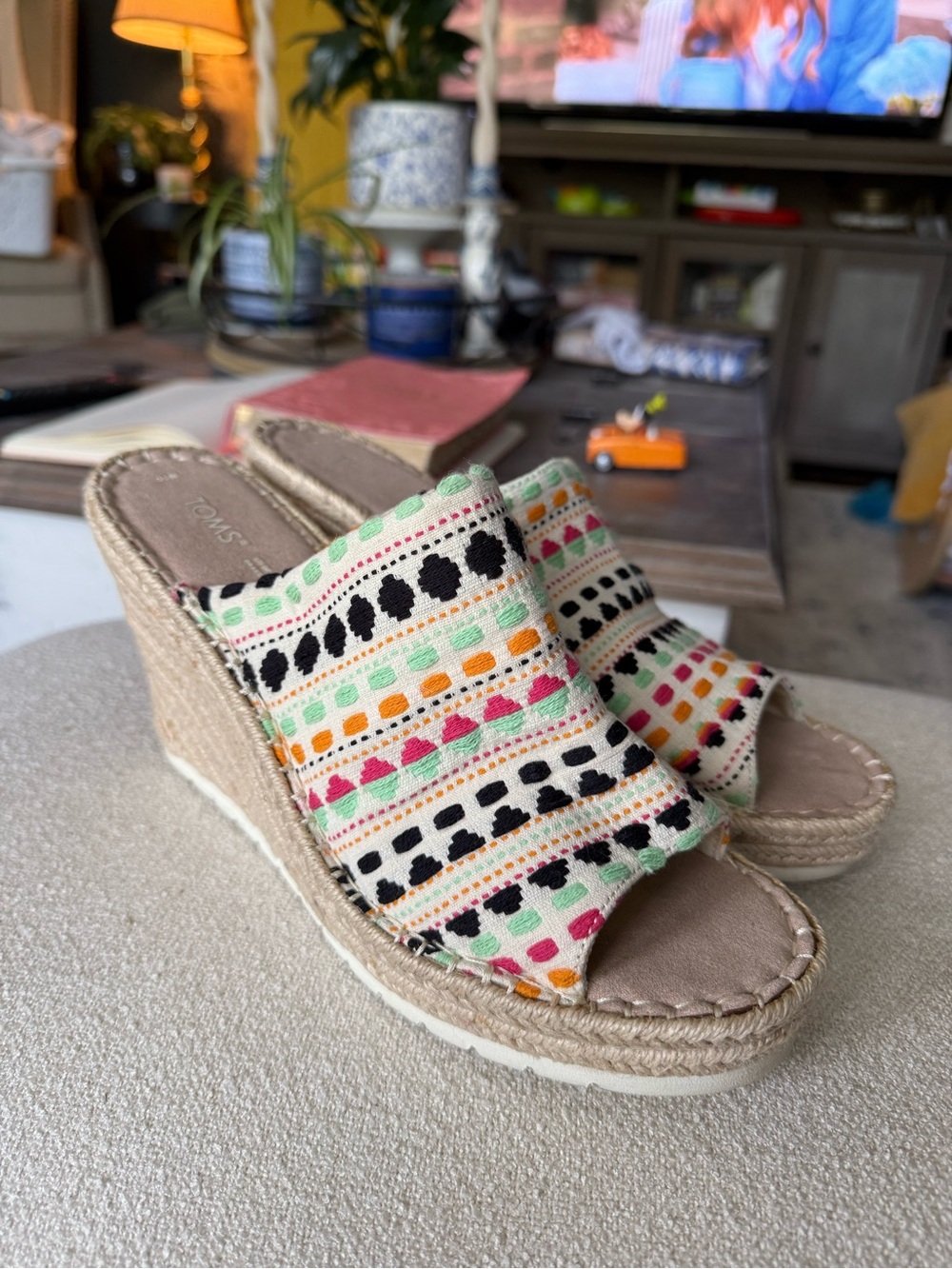 Toms Multicolor Embroidered Wedge Slides in Cream, Black, Mint, Coral, Orange